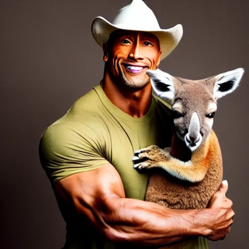 Image similar to dwayne johnson holding a kangaroo, he is wearing a safari outfit and a pith hat, studio photography, 8 k