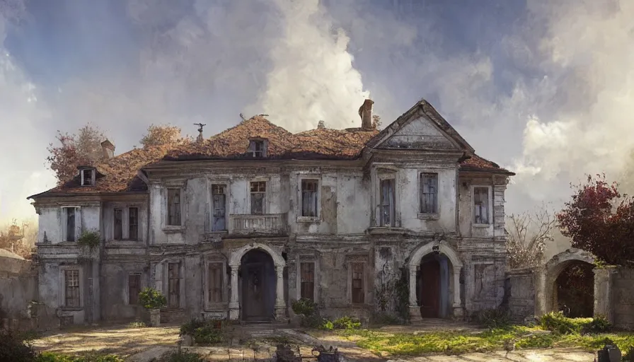 Prompt: portrait of a georgian manor house on a street, courtyard, highly detailed, architecture, blue sky, cinematic lighting, godrays, volumetric, digital art painting by greg rutkowski