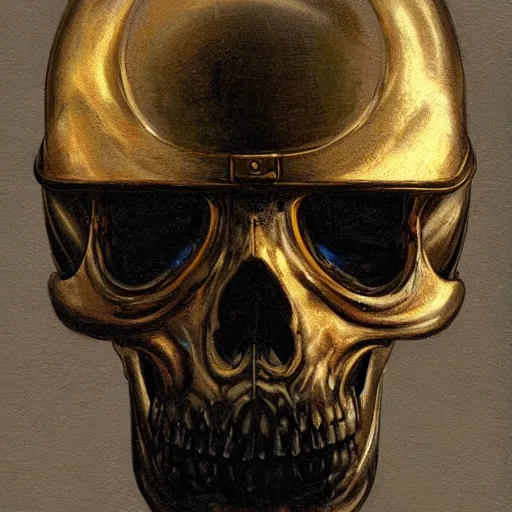 Prompt: three quarter view of gold skull helmet face mask by donato giancola and greg rutkowski, vintage retro scifi, realistic face, digital art, trending on artstation