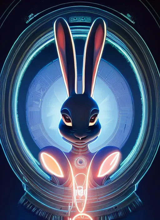 Image similar to symmetry!! portrait of bugs bunny, sci - fi, tech wear, glowing lights!! intricate, elegant, highly detailed, digital painting, artstation, concept art, smooth, sharp focus, illustration, art by artgerm and greg rutkowski and alphonse mucha