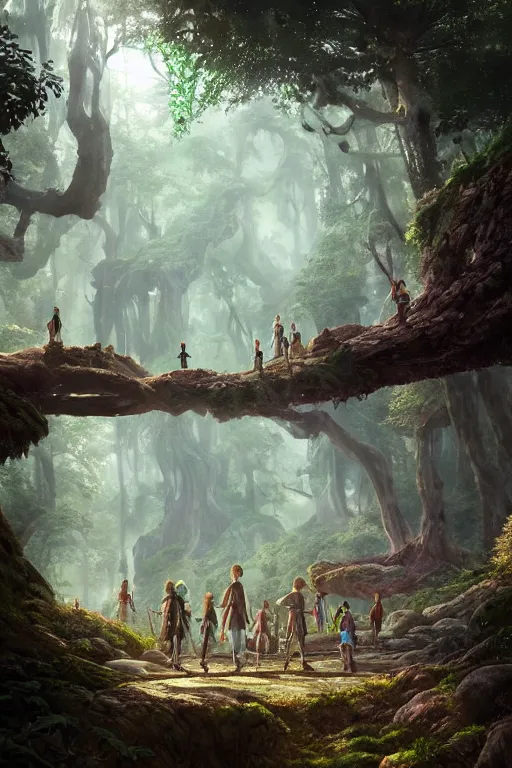 Image similar to a highly detailed matte painting of a group of young adventurers exploring elven ruins in a mystical forest, by studio ghibli, by artgerm, by wlop, by greg rutkowski, red tones, volumetric lighting, octane render, 4 k resolution, trending on artstation, masterpiece