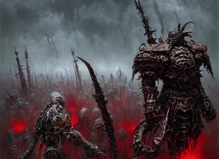 Prompt: chaos warlord concept, warhammer khorne warrior, beksinski, ruan jia, dark soul concept art, wayne barlowe