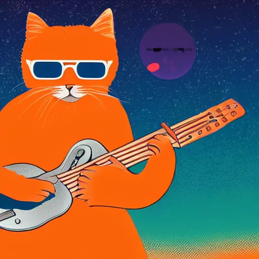 Prompt: the fluffiest orange cat in the Universe, wearing sunglasses, playing guitar, synthwave style