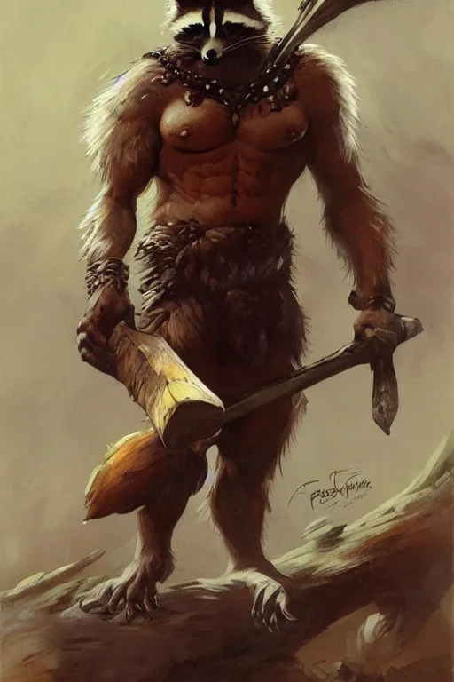 Prompt: a portrait of a male racoon folk barbarian by Frank Frazetta, WLOP and ross tran