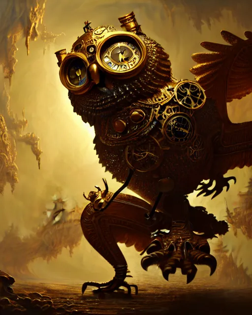 Prompt: oil painting of ornate intricate golden Steampunk owl Golem fighting chinese dragon, sharp focus, fantasy style, steampunk city background, octane render, volumetric lighting, 8k high definition, by greg rutkowski, highly detailed, trending on art Station