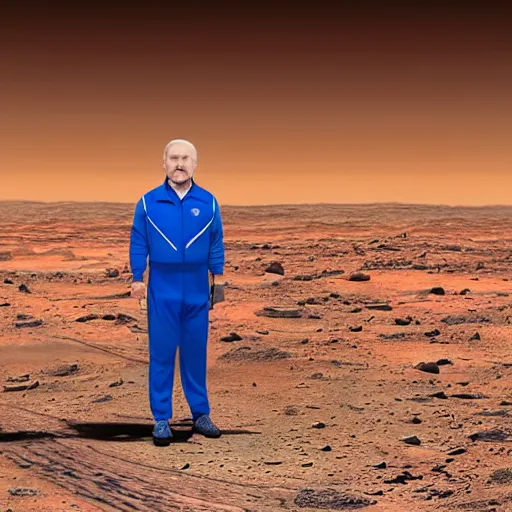 Prompt: realistic photo of alexander lukashenko standing on the surface of mars in tracksuit