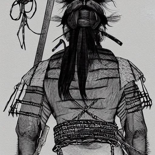 Image similar to a portrait from behind of a samurai man vagabond that holds chains, detailed, illustration, concept art, ink style, sketch