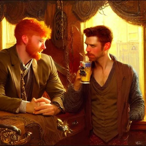 Image similar to attractive male mike with ginger hair and attractive male tyler with brunet hair, drinking their hearts out, in their noble mansion, at night. highly detailed painting by gaston bussiere, craig mullins, donato giancola, j. c. leyendecker 8 k