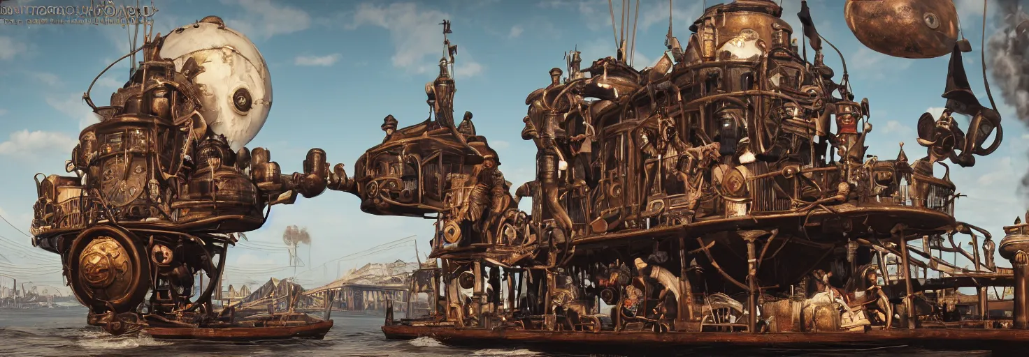 Image similar to a flying steampunk, steamboat from the 1 9 0 0 s with huge african mask on the front carrying black people across the mississippi river, bioshock infinite, detailed, behrens style, unreal 5 render, fantasy digital art, octane render, beautiful composition, trending on artstation