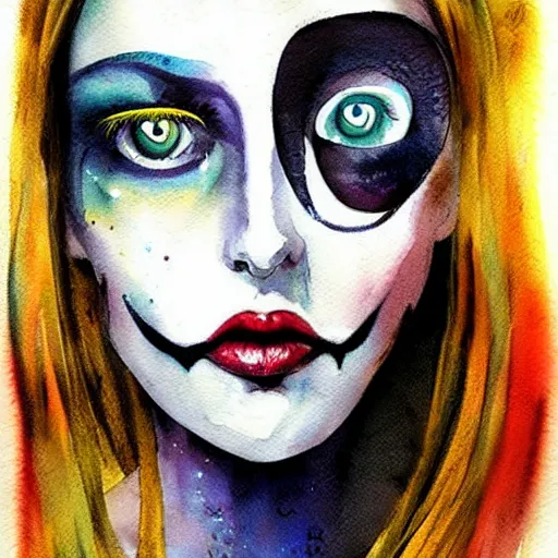 Prompt: woman portrait made out of watercolor paint, beautiful, cyborg, tim burton comic book art