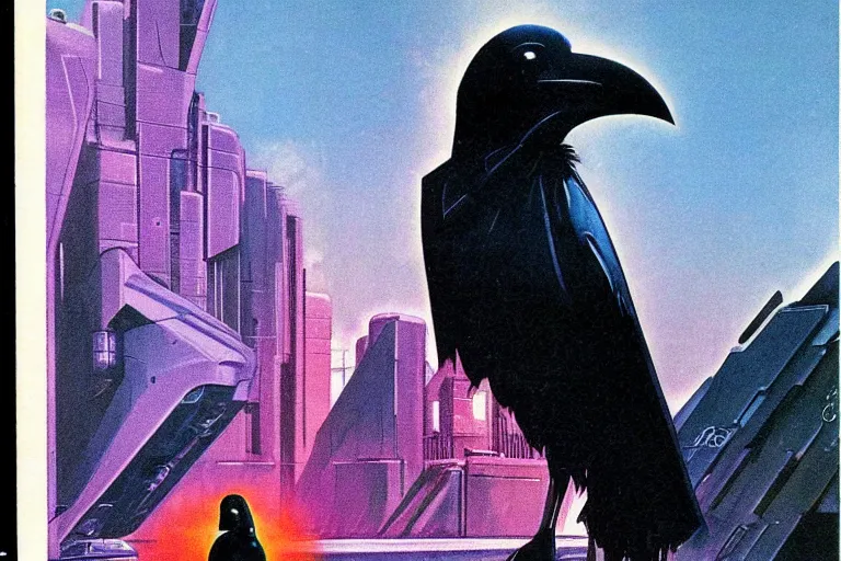 Image similar to 1979 OMNI Magazine Cover of a humanoid raven rogue. in cyberpunk style by Vincent Di Fate