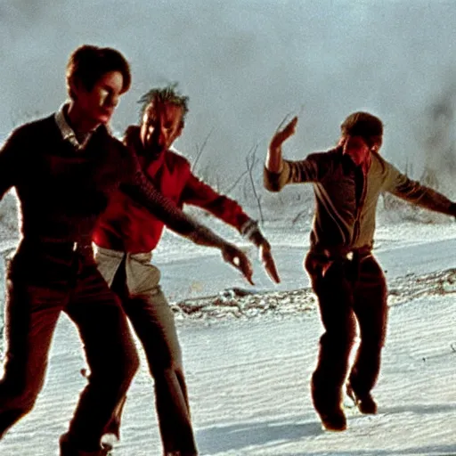 Prompt: four men dancing furiously in a postapocalyptic wasteland, amazing movie still, Spielberg, Cronenberg, Wes Craven, Takashi Miike