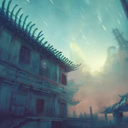 Image similar to a chinese prison at night lit by the stars, wispy smoke, highly detailed, very intricate, symmetrical, cinematic lighting, award - winning, painted by mandy jurgens, peter doig, dystopian, bold colors, dark vibes, anime aesthetic, featured on artstation