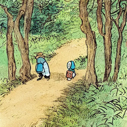 Prompt: A sign nailed to a tree next to the path which reads: The Hopping Trail. This way to adventure! illustration by Beatrix Potter
