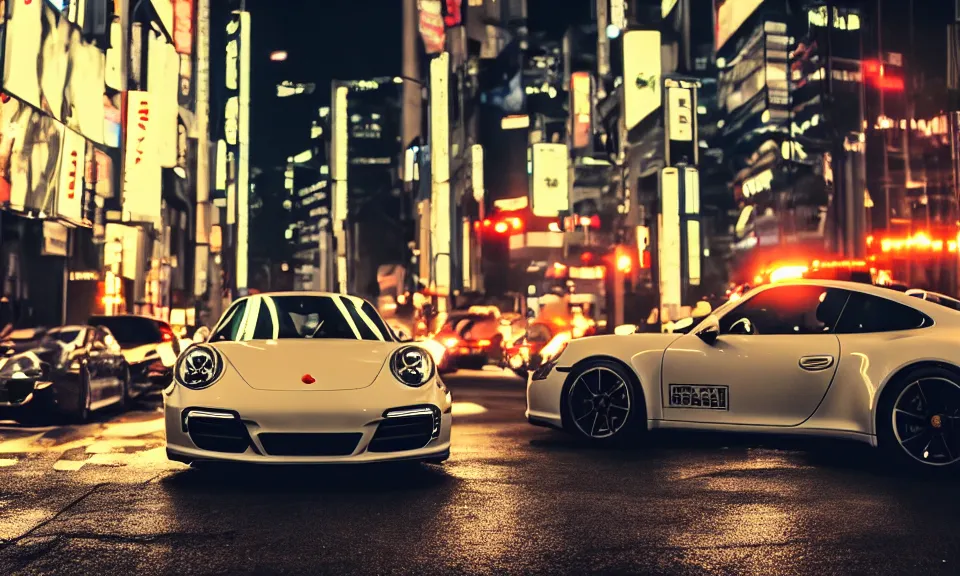 Prompt: photo of a porsche 911 at night drifting through a city, cinematic, 4k, long exposure photography, tokyo drift, fast and furious, film still, night photography, motion blur, lens flare, movie shot, light trail, distortion, wide angle