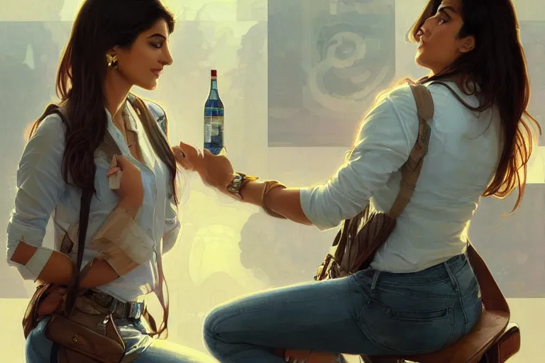 Image similar to Optimistic good looking pale young Indian doctors wearing jeans at the airport, portrait, elegant, intricate, digital painting, artstation, concept art, smooth, sharp focus, illustration, art by artgerm and greg rutkowski and alphonse mucha
