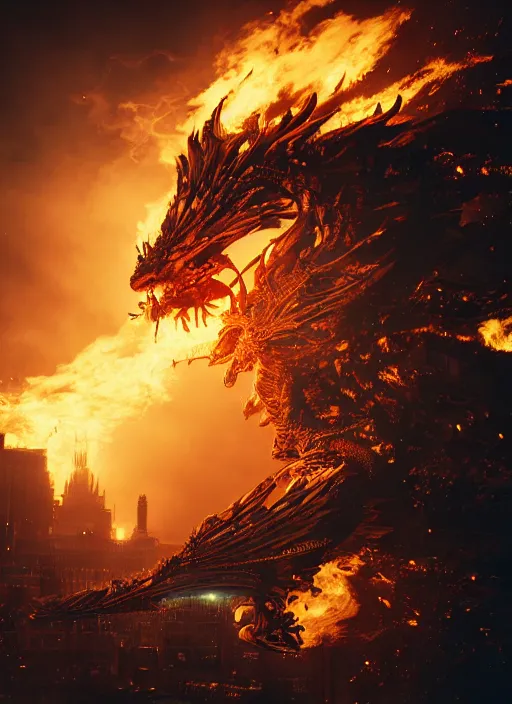 Image similar to lion dragon firing flames flying over the city, fantasy, monsters, hybrid, artistic pose, dark atmosphere, cinematic shot, intricate, ornate, photorealistic, ultra detailed, realistic, 100mm, photography, octane, high definition, depth of field, bokeh, 8k, artstation