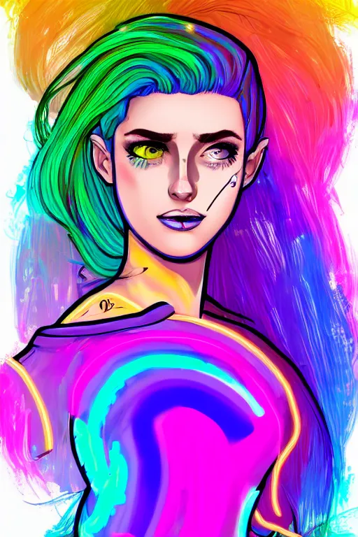 Image similar to a award winning portrait of a beautiful woman with stunning eyes in a one off shoulder croptop and cargo pants with rainbow colored hair, outlined by whirling illuminated neon lines and fine lines swirling in circles by ossdraws, digital art, trending on artstation