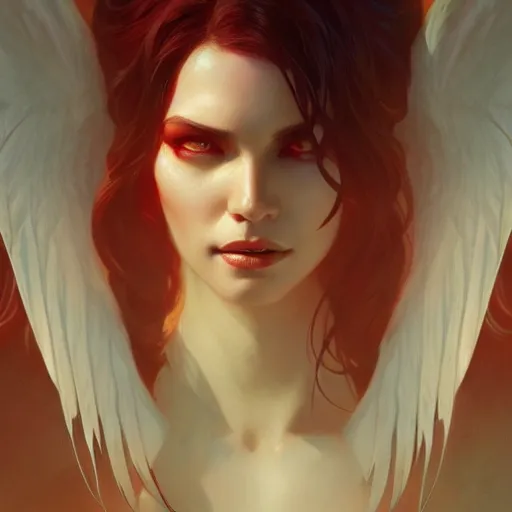 Prompt: Angel Vampire, highly detailed, digital painting, artstation, concept art, smooth, sharp focus, illustration, Unreal Engine 5, 8K, art by artgerm and greg rutkowski and alphonse mucha