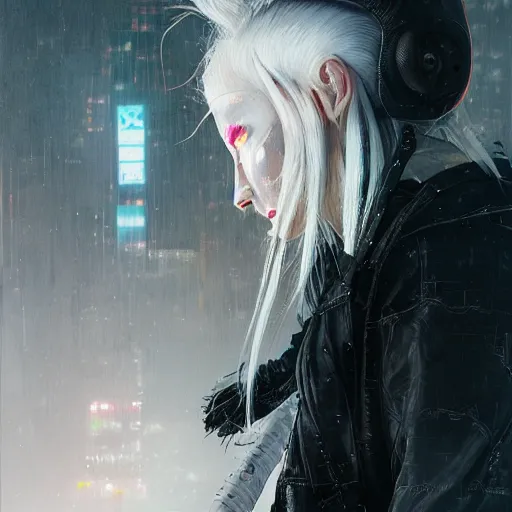 Image similar to very cool girl white hair girl with mask, streetwear, techwear, cyberpunk style outfit, full body, nose piercing, detailed portrait, intricate complexity, by greg rutkowski, cushart krentz, artgerm, ross tran, conrad roset, takato yomamoto, ilya kuvshinov. 4 k, beautiful, cinematic dramatic atmosphere, portrait lighting