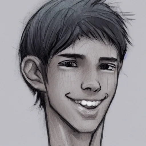 Image similar to sketch of a teenage boy with very short side part hair smiling trending on artstation