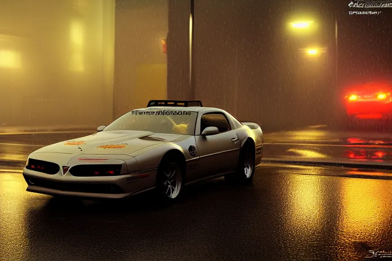 Image similar to hyperdetailed, photorealistic photograph of a 2 0 0 2 pontiac firebird trans - am drifting in the streets, rain, night, dense fog, hd, unreal engine 5 by greg rutowski, by stanley artgerm, by alphonse mucha