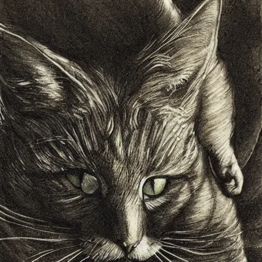 Prompt: cat from the void, illustrations by irish fairy tales james stephens arthur rackham, cat detailed, detailed muzzle of a cat, fairy tale illustrations, colour, top cinematic lighting , cinematic mood, very detailed, shot in canon,