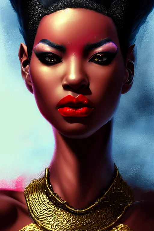 Prompt: Portrait of black woman adult female, with red lip and gold makeup fantasy, mid hair sexy hairstyle, black to blue fade hairstyle, dragon scales across hairline, intricate, highly detailed, digital painting, artstation, concept art, sharp focus, art by Akihiko Yoshida, Greg Rutkowski, 4k resolution, nier inspired, vibrant but dreary. Portrait by paolo Roversi