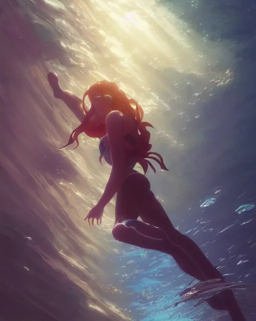 Prompt: Under Water, Full shot, Atmospheric lighting, By Makoto Shinkai, Stanley Artgerm Lau, WLOP , Rossdraws, James Jean, Andrei Riabovitchev, Marc Simonetti, krenz cushart, Sakimichan, D&D trending on ArtStation, digital art.