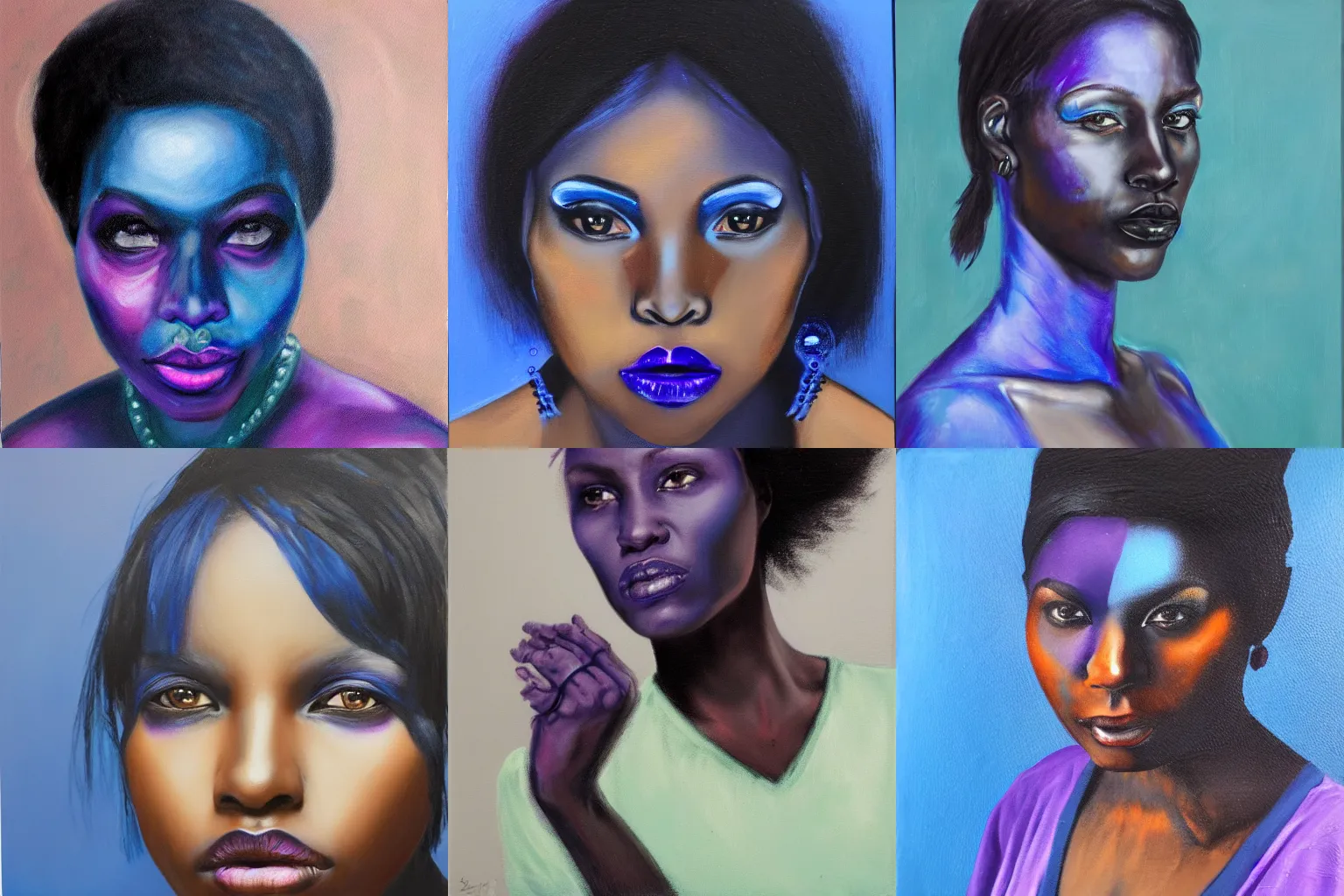 Prompt: dark, ebony woman with blue and purple pigments, oil paint, portraiture