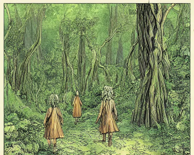 Image similar to a valley with tall trees and two hobbits walking through the forest in the style of Tolkien, by Raoul Vitale