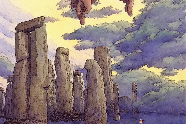 Image similar to a hyperrealist studio ghibli watercolor fantasy concept art. a giant hand is coming down from the sky holding a stone above stonehenge. by rebecca guay, michael kaluta, charles vess