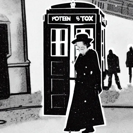 Prompt: Surveillance footage of Queen Elizabeth II walking out of the Tardis on a dark rainy London street, 4k