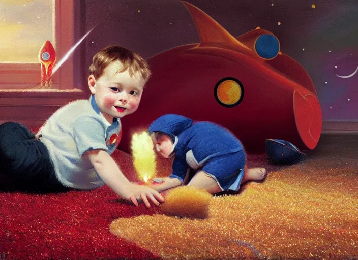 Prompt: toddler elon musk lying on a shaggy rug playing with his space rockets, oil painting, beautiful soft lighting, edouard bisson
