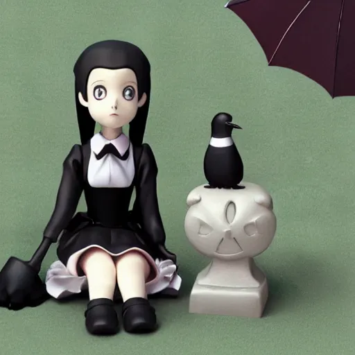 Image similar to Manga cover portrait of Wednesday Addams-chan anime girl sitting elegantly next to her pet crow in a noir Victorian setting, 3d render diorama by Hayao Miyazaki, official Studio Ghibli still, color graflex macro photograph, Pixiv, Daz Studio