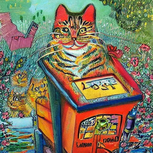 Image similar to painting of a dumpster by louis wain