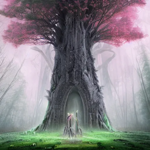 Prompt: a monolithic neoclassical ruined tower and a detailed dark hooded wizard walking through an open field with his staff in a beautiful forest of ancient neurons and pink and yellow glowing synapses runnig through the forest, huge incredibly immense trees, highly detailed, hyperrealism, cgsociety, 8k, ancient forest, misty forest, realistic painting, sharp image, hyper realistic art, cinematic, art by konstantin razumov, chiaroscuro