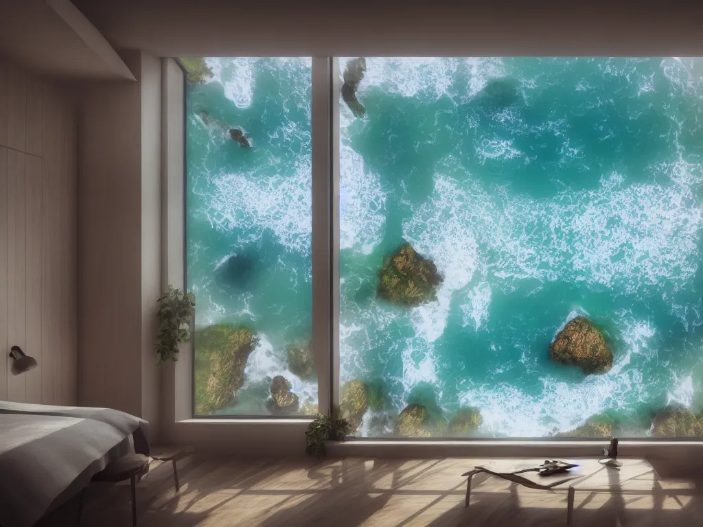 Prompt: photo in a room with an ocean view, aerial photography, exquisite detail, octane render, 8 k postprocessing, concept art, sharp focus,