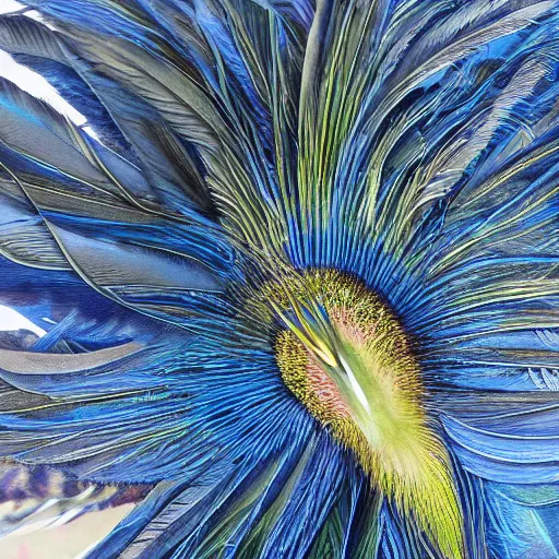 Prompt: closeup photo a bird of paradise, covered in feathers. extremely large wings. extreme detail, hyperrealistic photo, gloomy