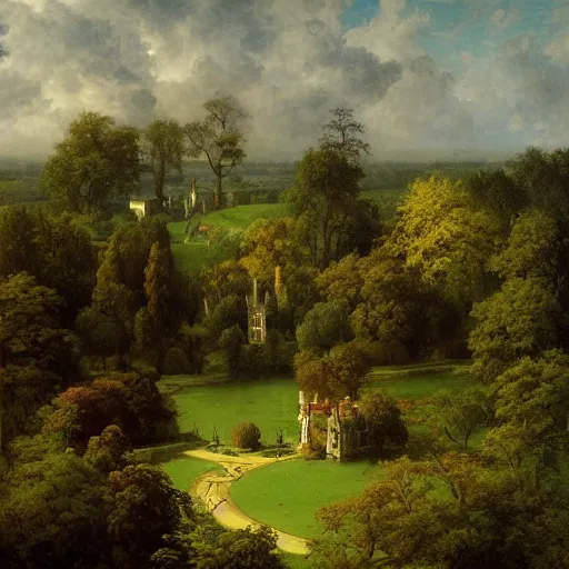 Prompt: aerial view of english stately home, lawns, gardens, lake, woodland, fantasy, carl spitzweg, g liulian, david curtis, christophe vacher, james paick