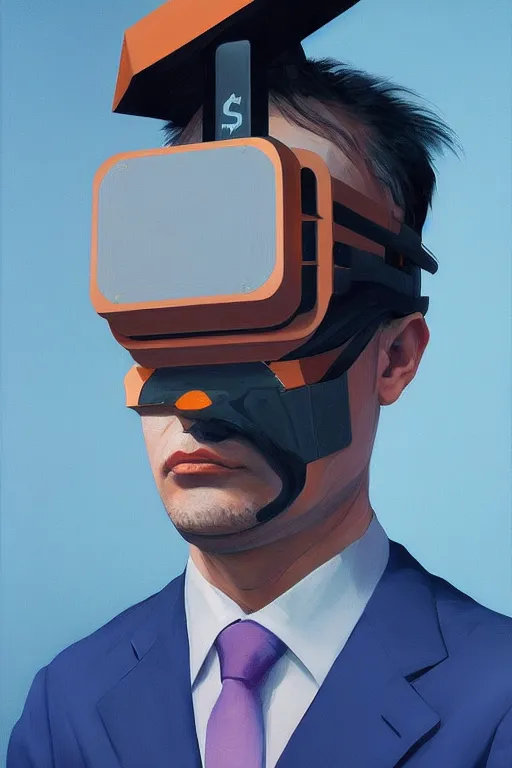 Image similar to Satoshi Nakamoto wearing oculus and bitcoin over his head Edward Hopper and James Gilleard, Zdzislaw Beksisnski, highly detailed