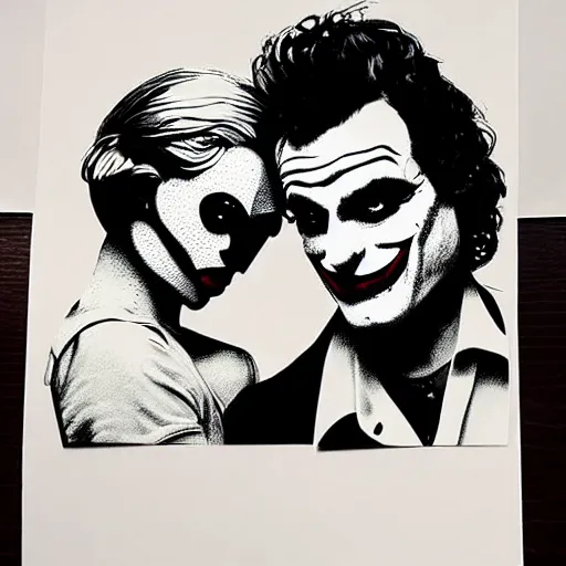 Image similar to mimmo rottela and banksy as joaquin phoenix skinny joker holding hand lady gaga harley queen, ultra photorealistic, intricate details, pop art style, concept art, 3 colors, 4 d, smooth, sharp focus