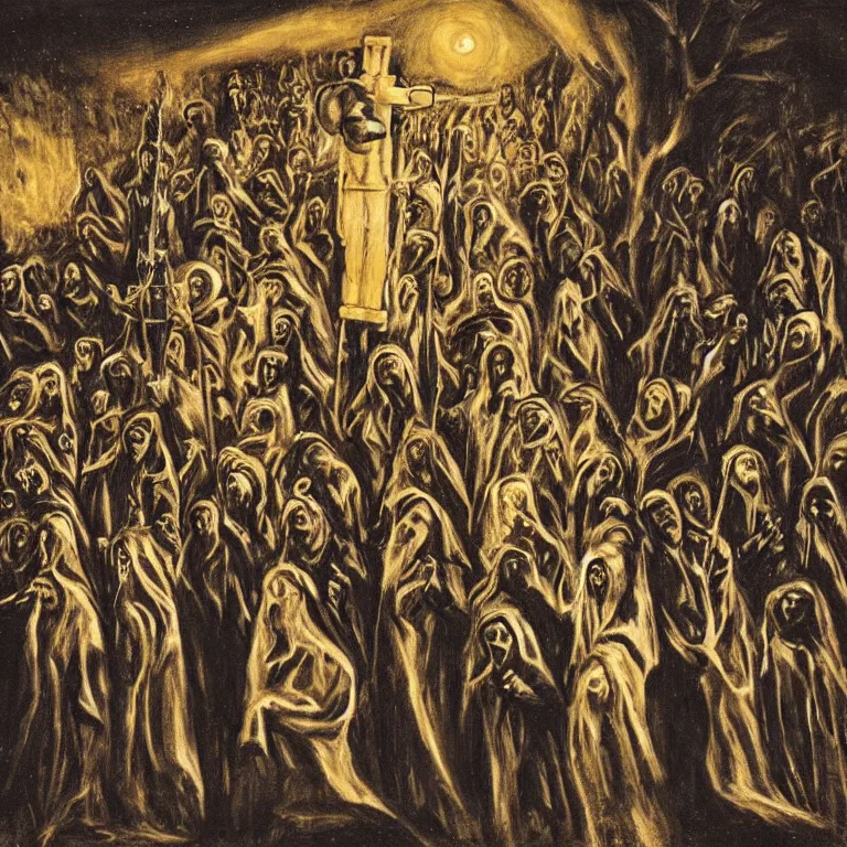 Prompt: A Holy Week procession of souls in a Spanish village at night. There are many trees. A figure at the front holds a cross, trending on artstation, highly detailed, 50mm, by El Greco, Remedios Varo y Salvador Dali.