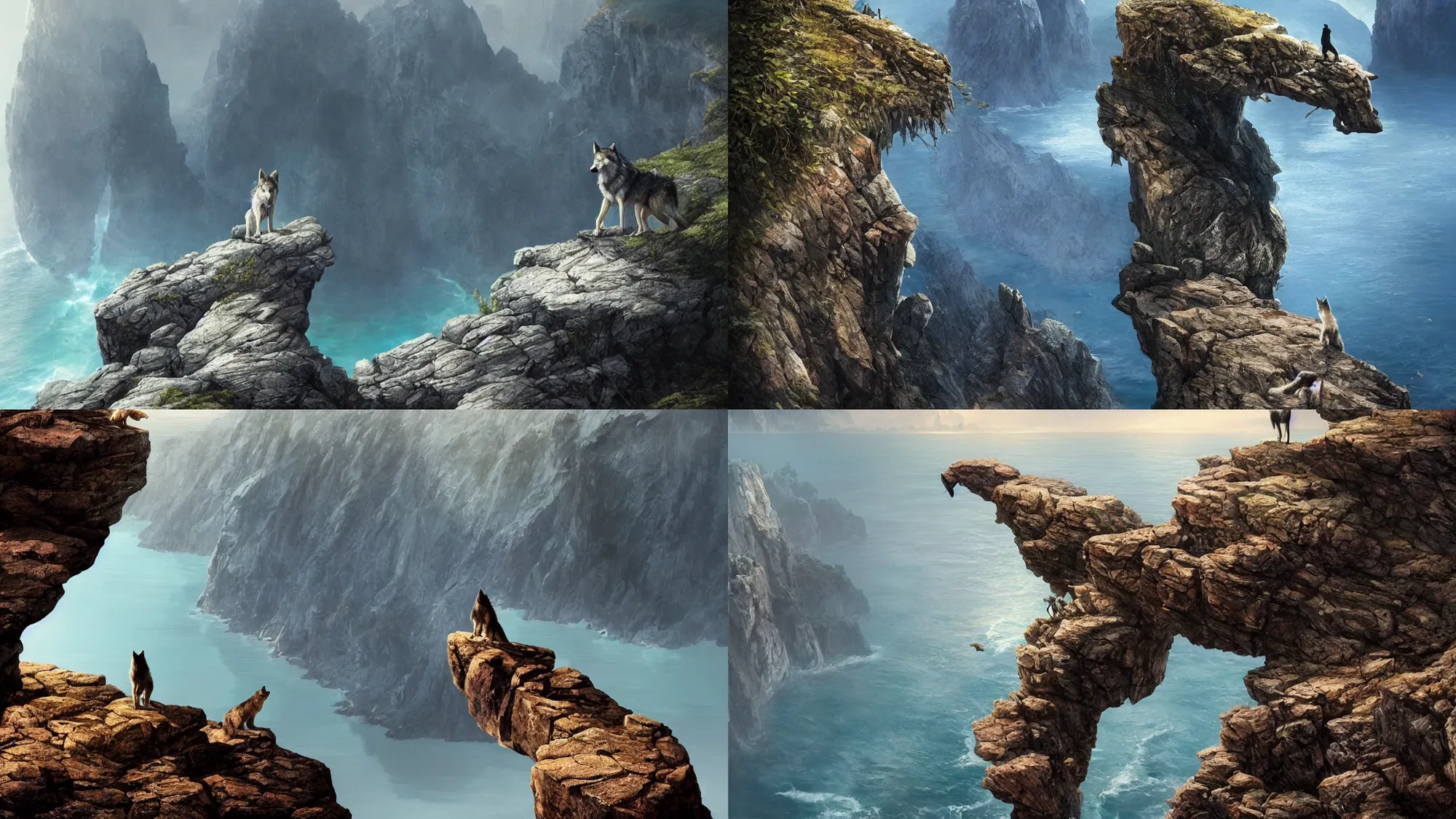 Prompt: A wolf standing on the edge of a rocky cliff, sapphire waters below, 4k, trending on Artstation, award-winning photograph, art by Greg Rutkowski, Igor Morski