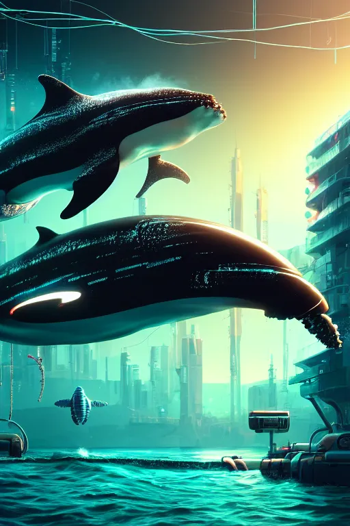 Prompt: cyborg Whale, cyborg Orca, Robot, circuit boards, vapor wave, Cyberpunk, wires and resisters, ultra hd, Painted By Andreas Rocha, unreal 5, DAZ, hyperrealistic, octane render, dynamic lighting, intricate detail, summer vibrancy, cinematic