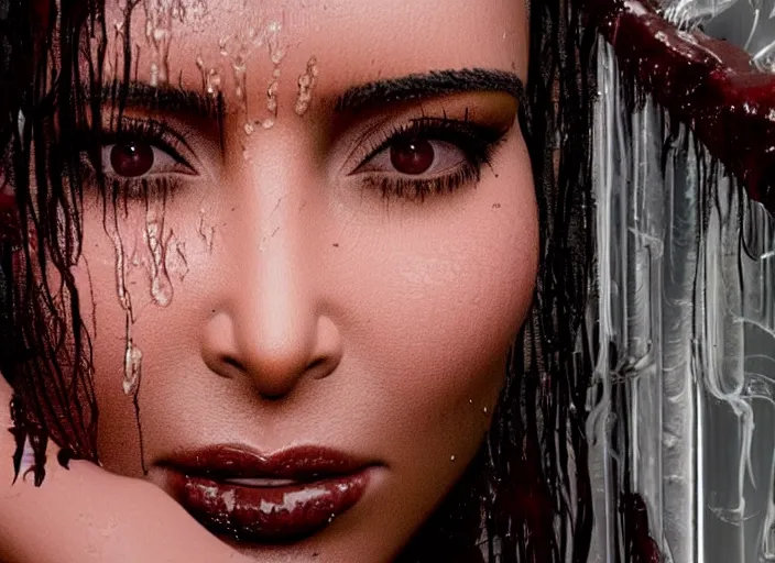 Image similar to film still of kim kardashian being held tightly by an xenomorph slathered in a transparent alien liquid, wet flowing hair, gooey skin, illustration, unreal engine 5, 8 k, directed by h. r. giger.