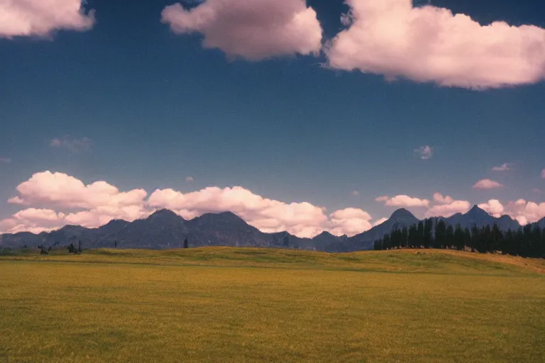 Image similar to film color photography, small mirror reflected clouds, long view of green lawn, no focus, mountains in distance, 35mm