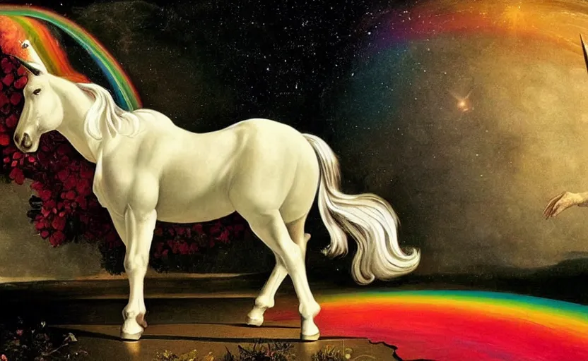 Image similar to a lonely unicorn walking on a rainbow in the universe in the style of Caravaggio, digital art, high quality, highly detailed, high coherence, anatomically correct, Caravaggio, concept art, marterpiece