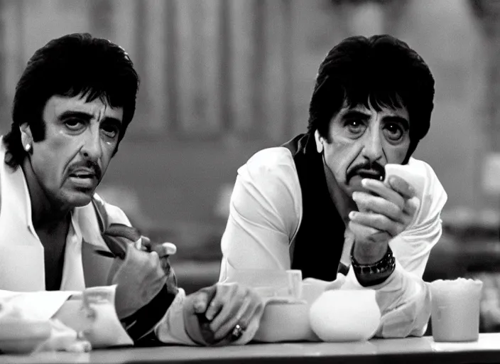 Image similar to tony montana from movie scarface 1 9 8 3 sitting behind a big black oak table with big large packages of flour. long shot. al pacino. perfect symmetric face, coherent eyes,, fine details, 4 k, ron cobb, cinestill