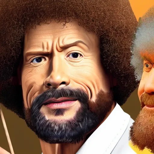 Image similar to dwayne johnson as bob ross, zoomed into his face while he is painting a painting, ultra realistic, hd, 8 k, happy little trees